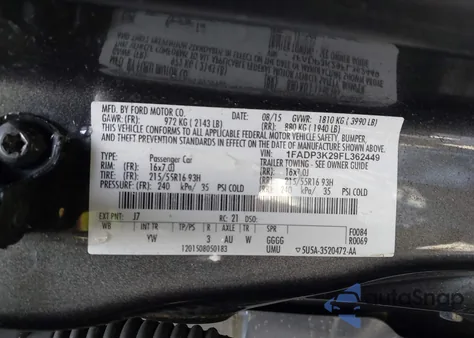 2015 Ford Focus Se from USA, damaged, VIN 1FADP3K29FL362449